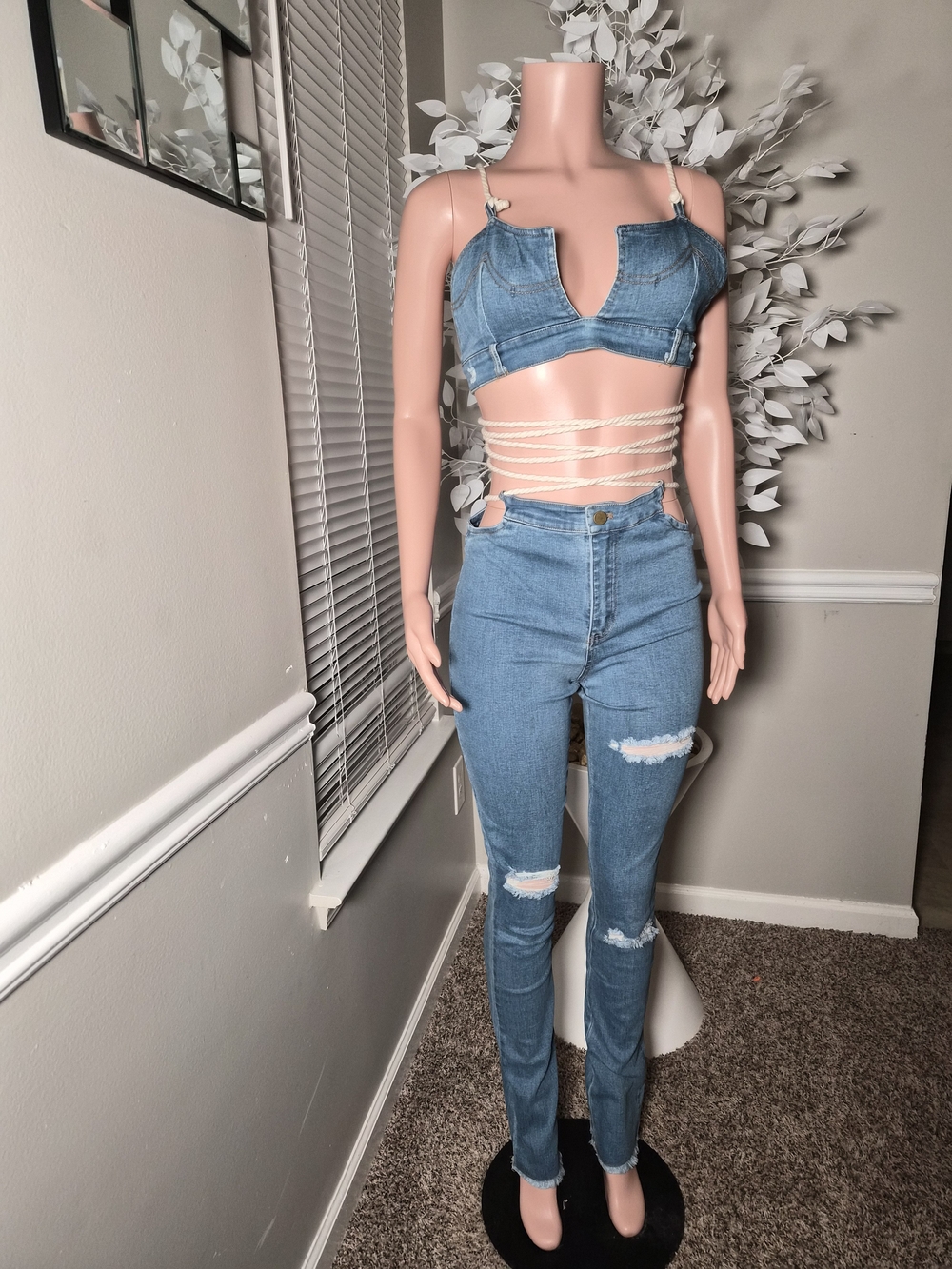 Denim Corset Crop Top and High-Rise Ripped Jeans Set - Light Blue